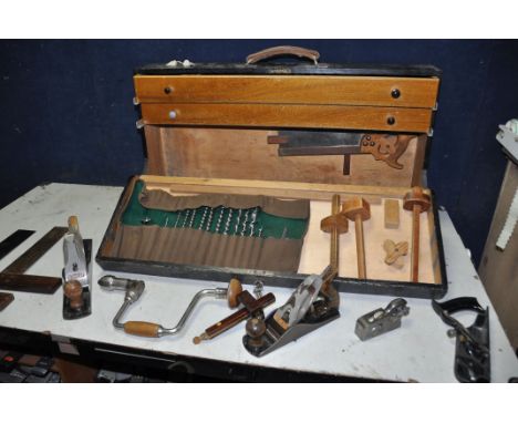 TWO BESPOKE WOODEN TOOLBOX with lock and key to include a Record No077a plane, Stanley No78, Stanley No4 and another Stanley 