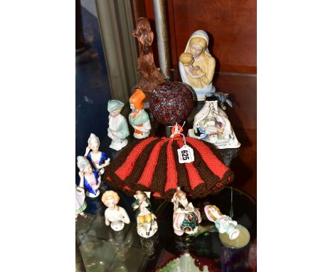 A GROUP OF CERAMICS AND GLASSWARES, to include six ceramic half dolls, a similar example with knitted cosy skirt (sd), a Roya