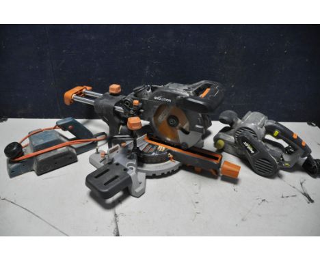 A EVOLUTION R185SMS MITRE SAW on pivoting base with blade along with a Challenge extreme PBS900B electric sander and a Black 