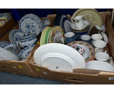 TWO BOXES OF DINNER AND TEA WARES, to include a part dinner set of blue and white fine china 'Blue Chatham' - Japan US PAT 18