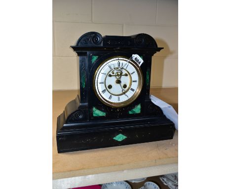 A VICTORIAN BLACK SLATE AND MALACHITE INLAID MANTEL CLOCK, the case with incised gilt foliate decoration and inlaid malachite