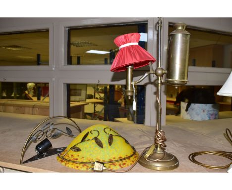 A BRASS STUDENT READING LAMP TOGETHER WITH TWO REPRODUCTION ART DECO WALL LIGHTS, (ONE ONLY WITH A SHADE), the reading lamp h