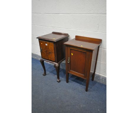 A BURR WALNUT BEDSIDE CABINET, with a single door, on cabriole legs and scrolled feet, and a mahogany bedside cabinet (condit