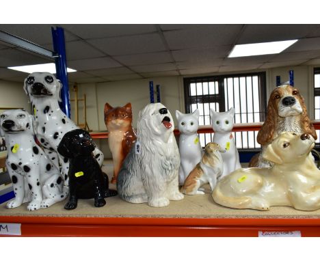 A GROUP OF CERAMIC CATS AND DOGS, to include a Royal Doulton Old English Sheepdog, marked 2232 on base, height 28.5cm, two wh
