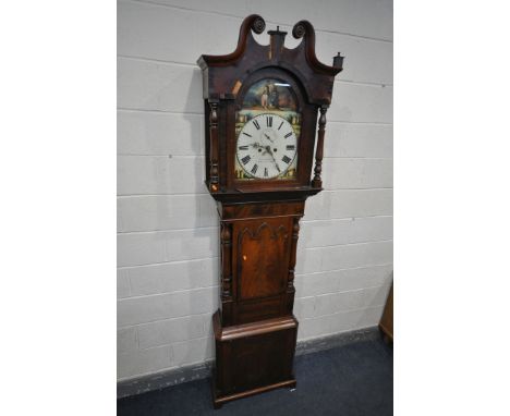 A GEORGIAN FLAME MAHOGANY AND CROSSBANDED EIGHT DAY LONGCASE CLOCK, the hood with swan neck pediment, with twin pillars, flan