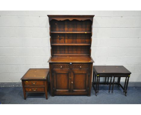 A 20TH CENTURY OAK DRESSER, top with two tier plate rack, base with two drawers over three cupboard doors, width98cm x depth 