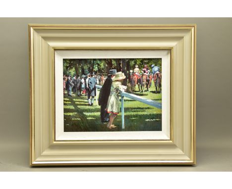 SHERREE VALENTINE DAINES (BRITISH 1959) '0N PARADE', a signed limited edition print of racegoers and horses, 26/196 with cert