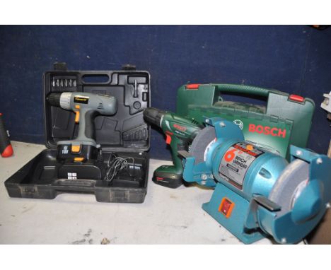 A CLARKE CBG6RZ BENCH GRINDER along with a Bosch PSR14-4LI cordless drill/driver with battery and charger and a PowerG cordle