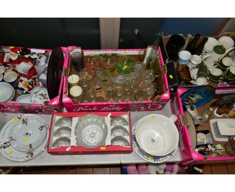 FIVE BOXES OF ORNAMENTS, GIFTWARE AND GLASSWARE, to include approx., twenty ceramic and resin  Christmas figures and ornament