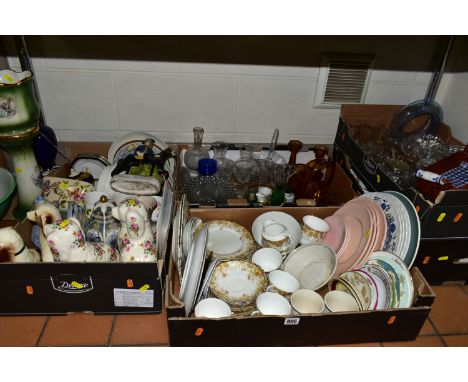 FIVE BOXES OF GLASSWARE AND CERAMICS, to include an early 20th Century green ceramic jug, bowl and vanity set, bowl diameter 