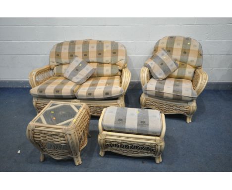 A WICKER CONSERVATORY SUITE, comprising a sofa length 139cm, armchair, occasional table and footstool (4)