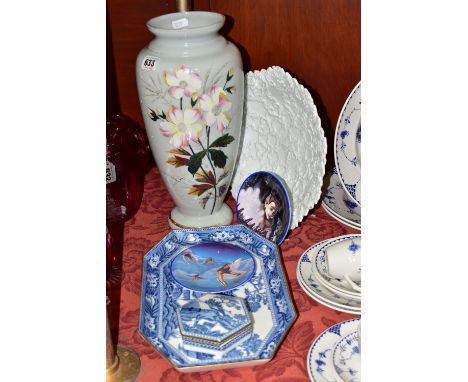 A LATE 19TH CENTURY MEISSEN BOWL, A VICTORIAN ENAMELLED GLASS BALUSTER VASE AND FOUR OTHER CERAMIC ITEMS, the Meissen bowl mo