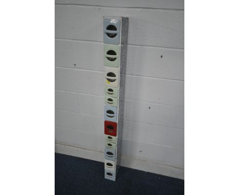 A SET OF TWELVE MID CENTURY MULTI COLOURED DRAWERS, of different sizes, fitted in a later plywood case, width 12cm x depth  1