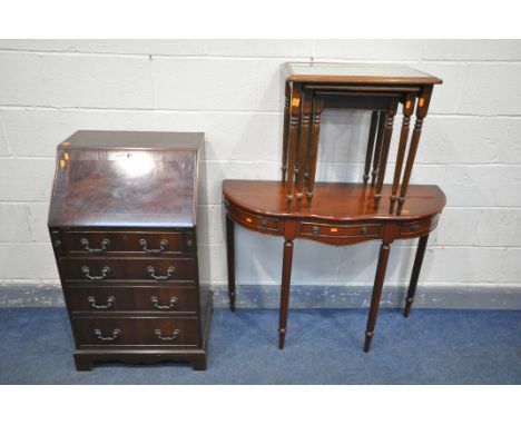 A SLIM MAHOGANY BUREAU, with four drawers, width 56cm x depth 47cm x height 98cm, a mahogany hall table, and a nest of tables