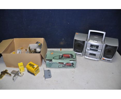 A HITACHI CX310 mini hi-fi (UNTESTED) along with a box of Yale and other locks and door handles and a Halfords double barrel 