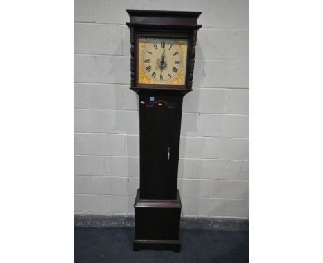 A 20TH CENTURY STAINED WOOD LONGCASE CLOCK, the hood enclosing a painted enamel dial with roman numerals, height 199cm, with 