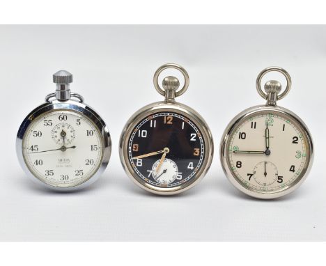 TWO MILITARY POCKET WATCHES AND A STOP WATCH, the first a keyless wind, open face pocket watch, round white dial signed 'Reco