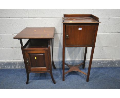 A GEORGIAN STYLE MAHOGANY BEDSIDE TABLE, with a gallery top, single cupboard door, on square legs united by a shaped stretche