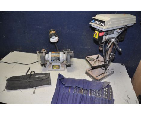 A DELTA W4061T DRILL PRESS along with a Delta W0252 bench grinder (both PAT pass and working) and a tool roll of Stanley dril