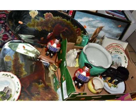 ONE BOX OF CERAMICS AND THREE LOOSE ITEMS, to include two 'Toby Bitter' light up pump heads height 19cm, seven Wedgwood colle