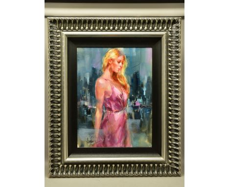 ANNA RAZUMOVSKAYA (RUSSIAN CONTEMPORARY) 'FOR A WHILE I', a three quarter length portrait of a female figure wearing a cerise