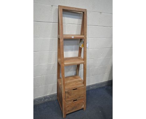 A MANGOWOOD WATERFALL OPEN BOOKCASE, with two drawers, width 46cm x depth 46cm x height 176cm, along with a dismantled tubula