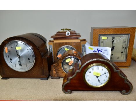 A GROUP OF SIX CLOCKS AND BAROMETER, to include an 'Art Deco' style wooden cased mantel clock, height 23.5cm x width 21.5cm, 