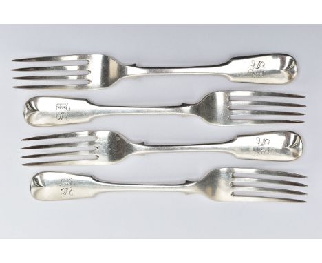 FOUR LATE VICTORIAN SILVER FORKS, Hanoverian fiddle pattern with engraved initials to the terminal, hallmarked 'Holland, Aldw