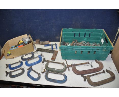 A COLLECTION OF TOOLS to include nine g-clamps mostly Record numbers 4,5,6,8 and 10 a large collection of spanners, Draper im