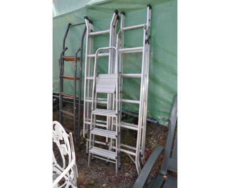 THREE ALUMINIUM STEP LADDERS and a set of steel steps the longest being 190cm