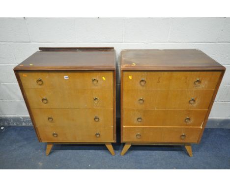 A PAIR OF MID CENTURY WALNUT AND TEAK CHEST OF FOUR LONG DRAWERS, width 76cm x depth 48cm x height 102cm (condition:-both wit