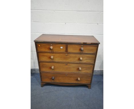 A GEORGIAN MAHOGANY CHEST OF TWO SHORT OVER THREE LONG DRAWERS, on bracket feet, width 110cm x depth 50cm x height 106cm (con