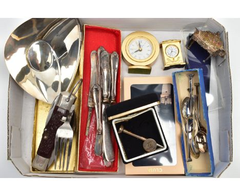 A SELECTION OF SILVER AND VARIOUS METAL ITEMS, to include a mid 20th century silver dolls house Cherub and floral embossed de