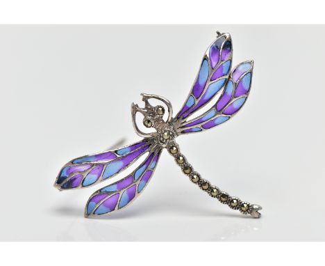 A PLIQUE A JOUR AND MARCASTITE DRAGONFLY BROOCH, the dragonfly with marcasite set body and eyes, to the purple and blue pliqu