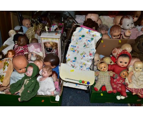 FOUR BOXES OF DOLLS AND SOFT TOYS, to include over forty baby dolls ranging in ages from 1930's, 1940's 1950's, four stuffed 