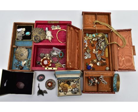 A BOX OF ASSORTED ITEMS, to include a large Middle Eastern ornate white metal belt buckle with gold tone floral detailing, sp