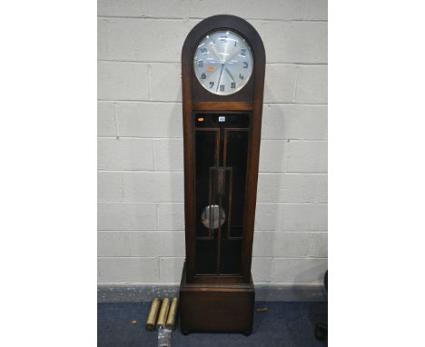 AN ART DECO OAK LONGCASE CLOCK, with Arabic numerals, height 191cm, with three weights and pendulum (condition:-weight chains