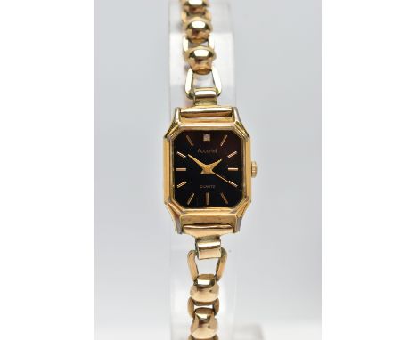 A LADIES 1950's 'ACCURIST' WRISTWATCH WITH 9CT GOLD STRAP, the octagonal black dial, signed 'Accurist' quartz, baton markers,