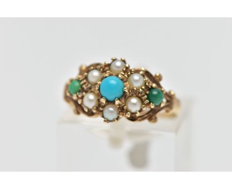 A 9CT GOLD TURQUISE AND SEED PEARL CLUSTER RING, the circular turquoise green and blue cabochons claw set with similarly set 