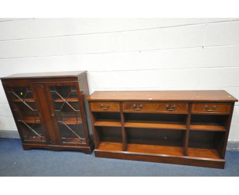 A LOW MAHOGANY OPEN BOOKCASE, with three drawers, width 153cm x depth 32cm x height 83cm, a mahogany glazed two door bookcase