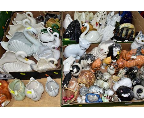 THREE BOXES OF CERAMIC CATS AND SWANS, to include  over twenty four swan pots and planters, Crown Devon sauce dish, Babbacome