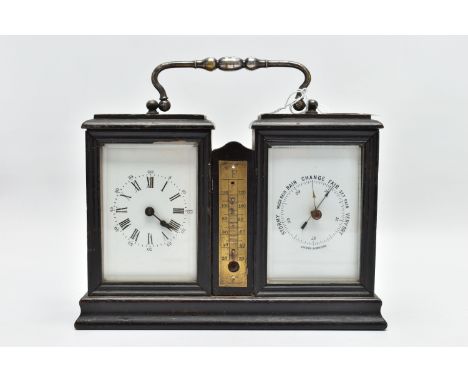 A LATE 19TH CENTURY EBONISED WOOD CLOCK, BAROMETER AND THERMOMETER AF, the French ebonised combination clock, aneroid baromet