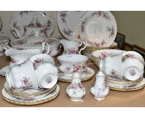 A THIRTY EIGHT PIECE ROYAL ALBERT 'LAVENDER ROSE'  DINNER SERVICE, comprising a tureen, a sauceboat and stand, salt and peppe