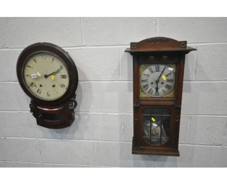 A 19TH CENTURY MAHOGANY DROP DIAL WALL CLOCK with a painted enamel dial, drop 58cm (condition:-worn dial) and a mahogany wall