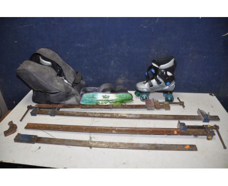 FOUR SASH CLAMPS (UNBRANDED) along with a pair of SFR phoenix quad roller skates in carry bag with No fear elbow and knee pad