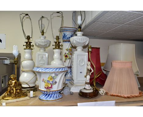 A GROUP OF LAMPS, LAMPSHADES AND A JARDINIERE WITH STAND, to include an Italian jardiniere and stand, a pair of Italian white