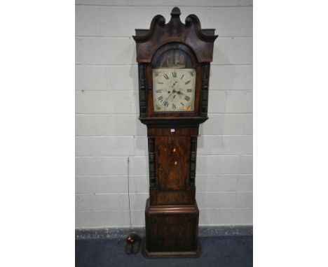 A VICTORIAN MAHOGANY AND CROSSBANDED EIGHT DAY LONGCASE CLOCK, the hood with a swan neck pediment, half turned pillars flanki