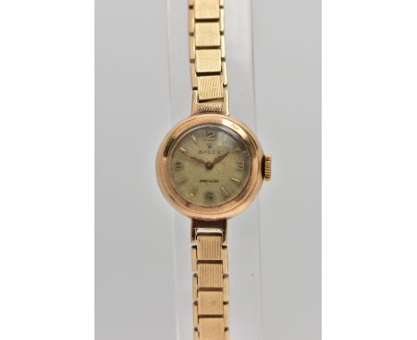 A LADIES 9CT GOLD 'ROLEX PRECISION' WRISTWATCH, hand wound movement, non-running, round discoloured silver dial signed 'Rolex
