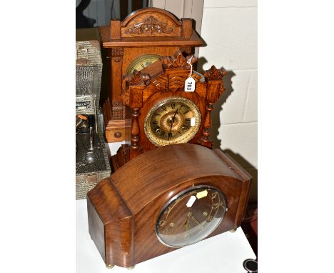 THREE 20TH CENTURY MANTLE CLOCKS, comprising an Ansonia eight day Tivoli strike - not running, a Fattorini &amp; Sons alarm c