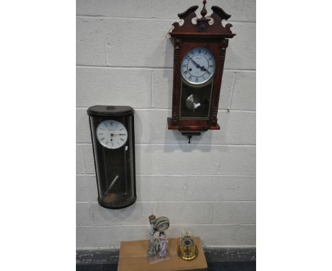 A LINCOLN MAHOGANY CASED 31 DAY WALL CLOCK, with roman numerals, a London Clock Company wall clock, a figural clock of a seat